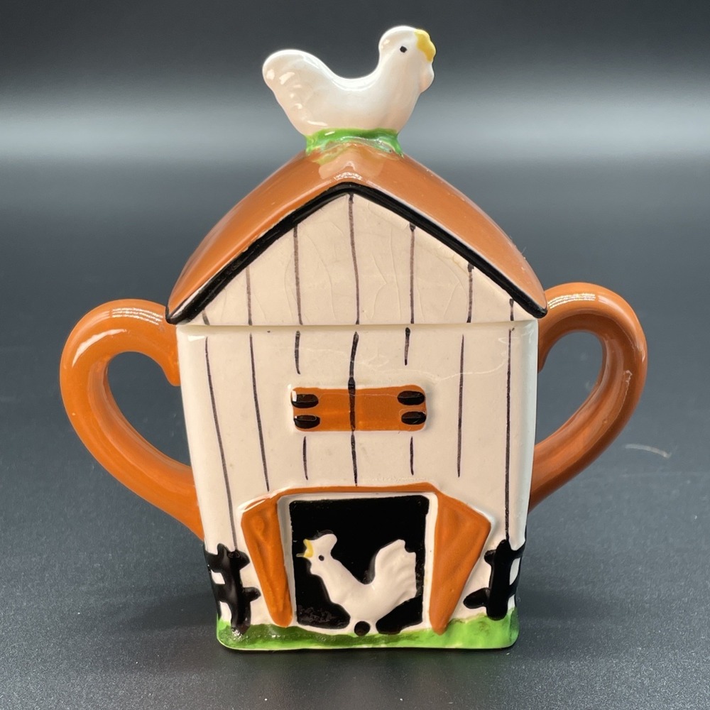 Signed Yona Original Ceramic Chicken Barn Folk Art Covered Jar 1980's- 1990's